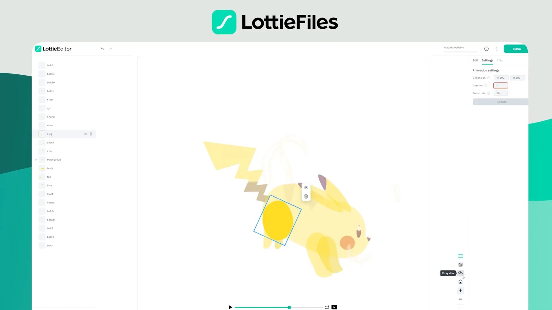 A digital interface showing an animated yellow creature with a lightning bolt tail on a white background, under the header "LottieFiles.