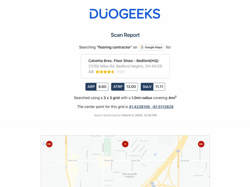 A screenshot of a webpage for "duogeeks" featuring a "flooring contractor" search result in google maps, with detailed search area information and a map displaying a marked location.