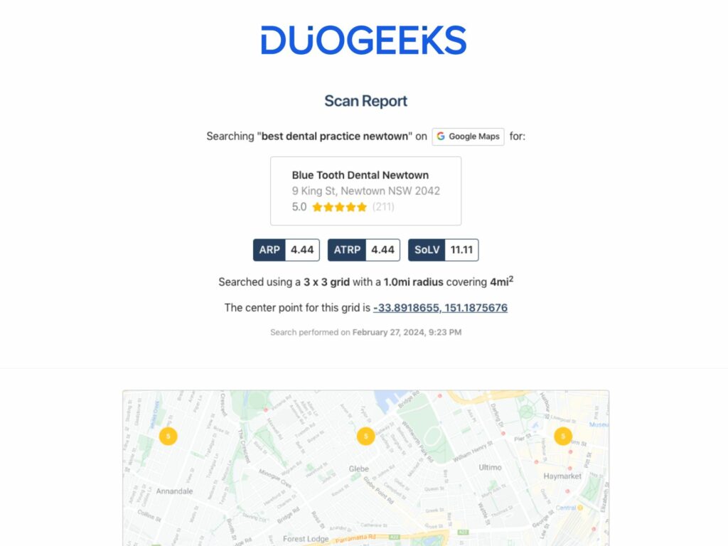 A screenshot showing a duogeeks search results page for 'best dental practice newtown' with a highlighted business 'blue tooth dental' rated 5.0, alongside a map and geographic coordinates.