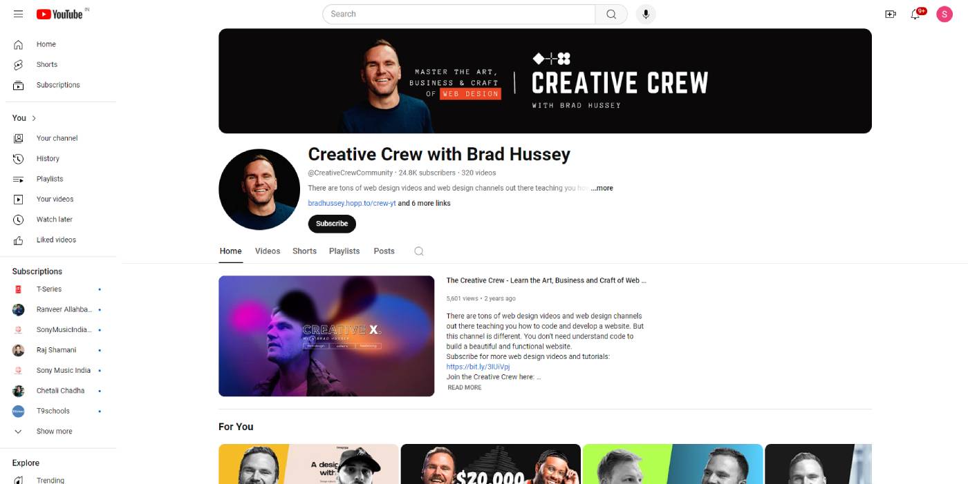 YouTube channel page for "Creative Crew with Brad Hussey," showcasing design tutorials and courses. Page displays channel banner, profile picture, videos, and various navigation options.