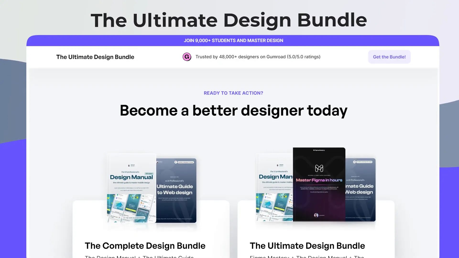 Website landing page titled "The Ultimate Design Bundle" promoting design manuals and guides to help users become better designers, offering various bundled resources.