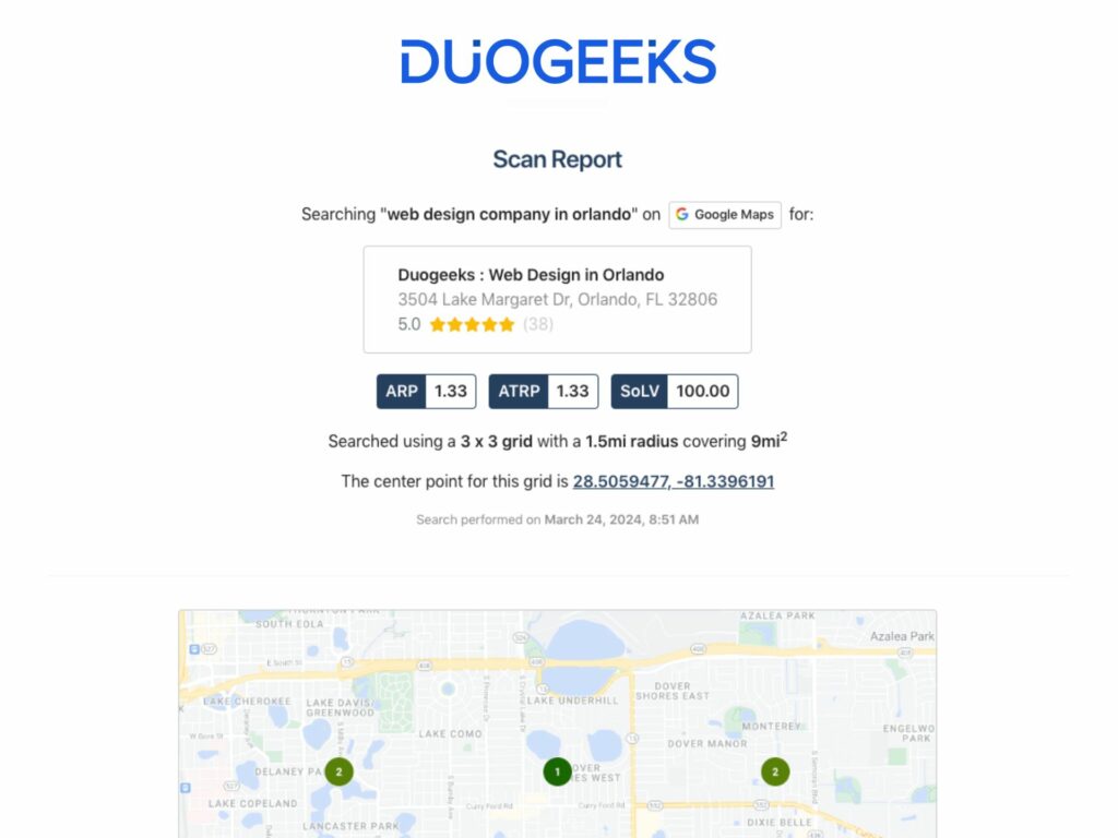 Website interface displaying a scan summary for web design companies in orlando on a map with marked locations and search grid details.