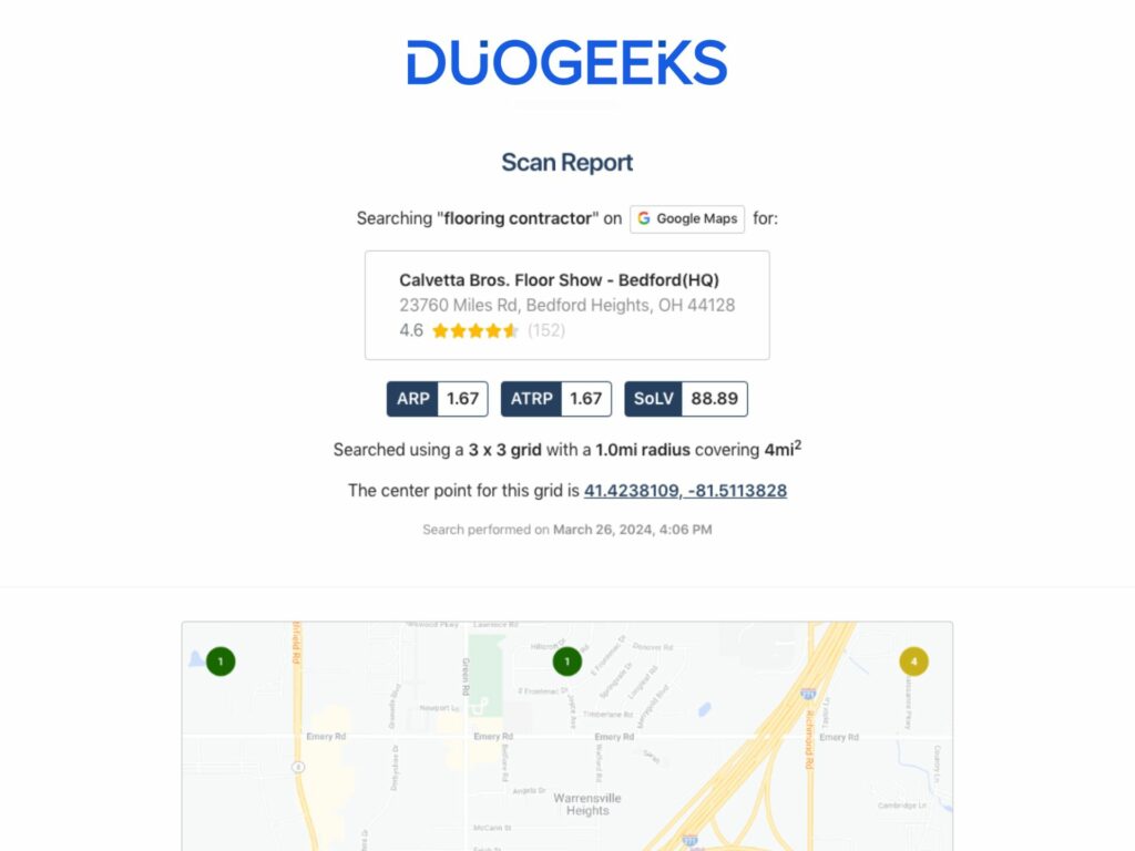 A screenshot showing a flooring contractor search report on a map interface, with details on area coverage and the center point coordinates.