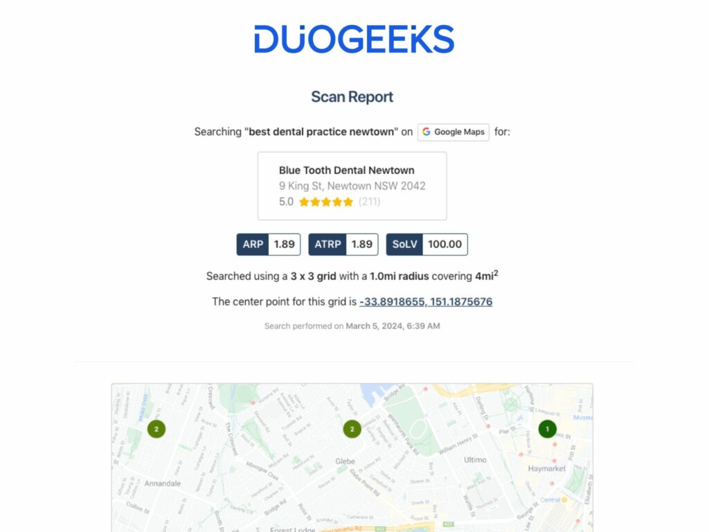 Search results for "best dental practice newtown" displayed on google maps with a detailed grid and radius overlay marking the location of blue tooth dental in newtown, nsw 2042, showing a 5.0-star rating based on 211 reviews.