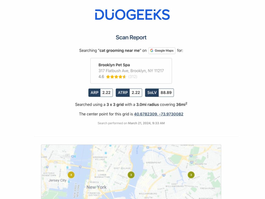 A screenshot of the duogeeks website showing search results for cat grooming services near brooklyn, with a map highlighting the location area.