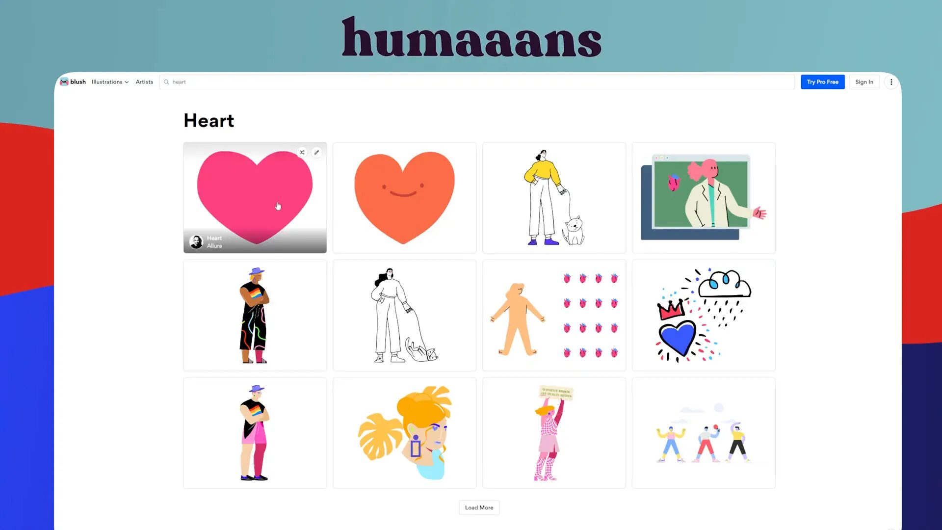 A webpage displays a "Humaans" library with various cartoon illustrations, including hearts, people in different activities, and abstract shapes, organized in a grid format.