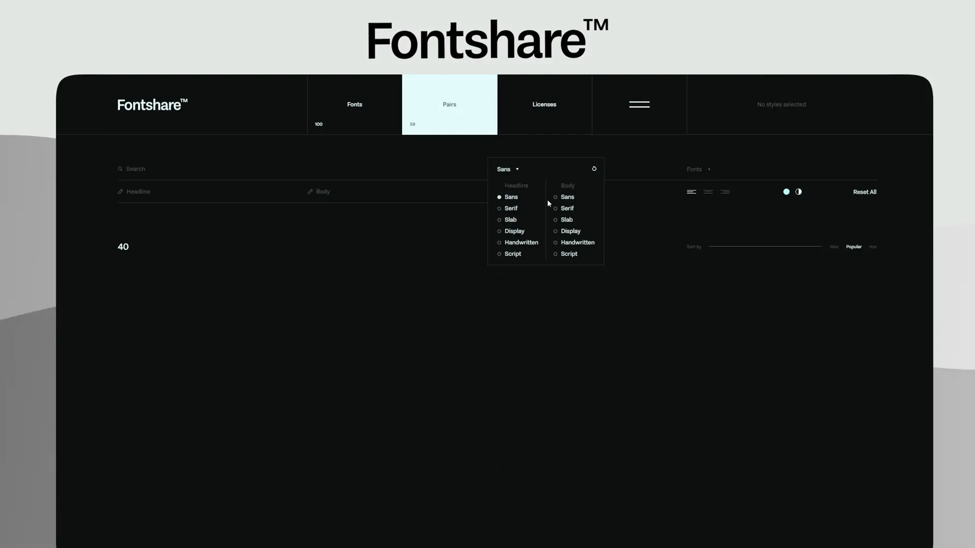 A dark-themed interface of the Fontshare website showing various tabs including "Fonts" and "My Fonts" with a drop-down menu displayed under the "More" tab.