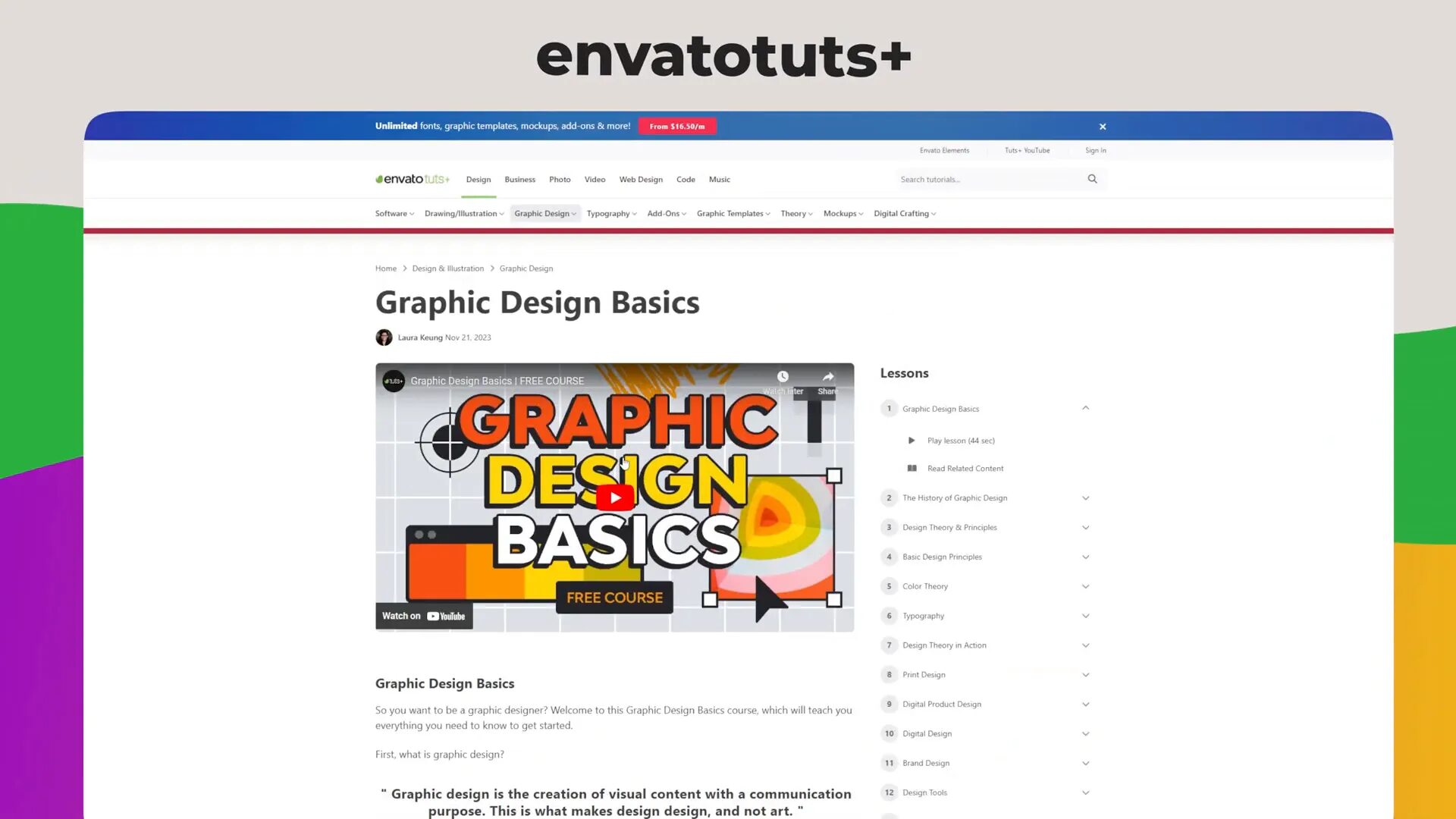 Screenshot of an Envato Tuts+ webpage showing a course titled "Graphic Design Basics." The page displays a video thumbnail and a lesson list on the right sidebar.