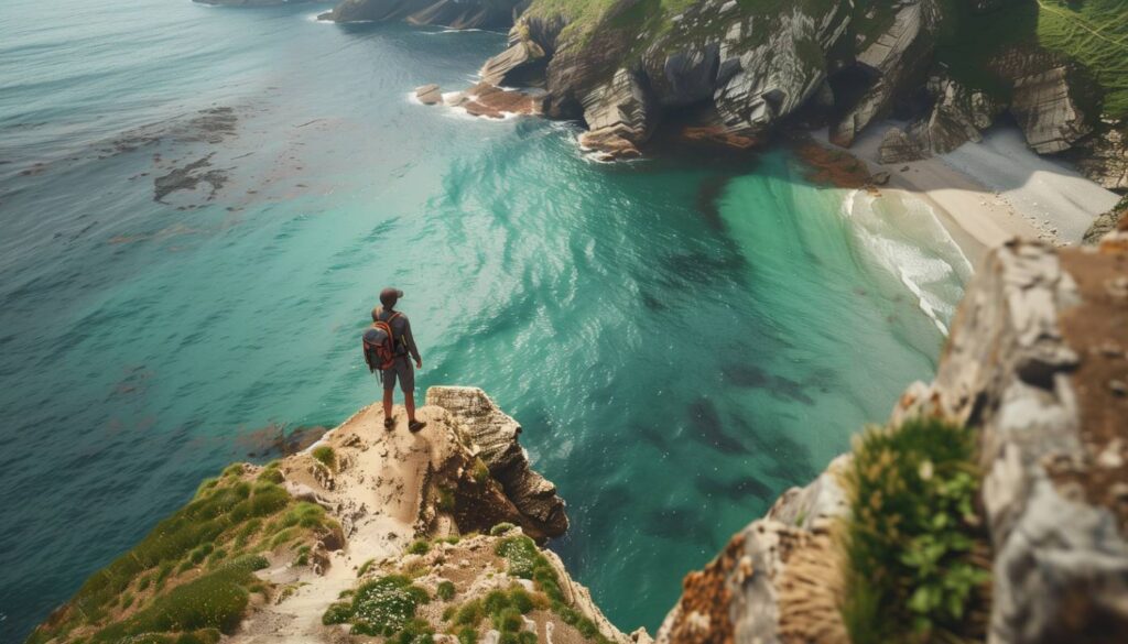 A person with a backpack stands on a cliff edge overlooking a clear turquoise sea and a small beach below, with rocky formations and green shrubbery surrounding the coast.