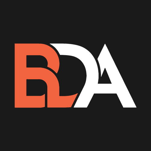 The bda logo on a black background.