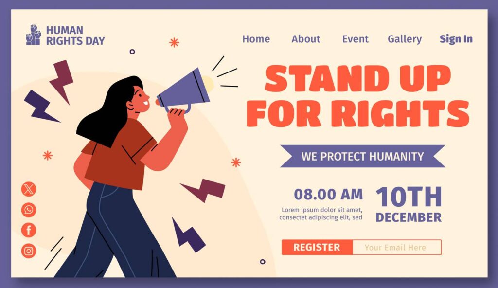 Illustration of a person with a megaphone on a banner for Human Rights Day, featuring event details: "Stand Up for Rights," December 10th, 8:00 AM, with registration and social media icons.