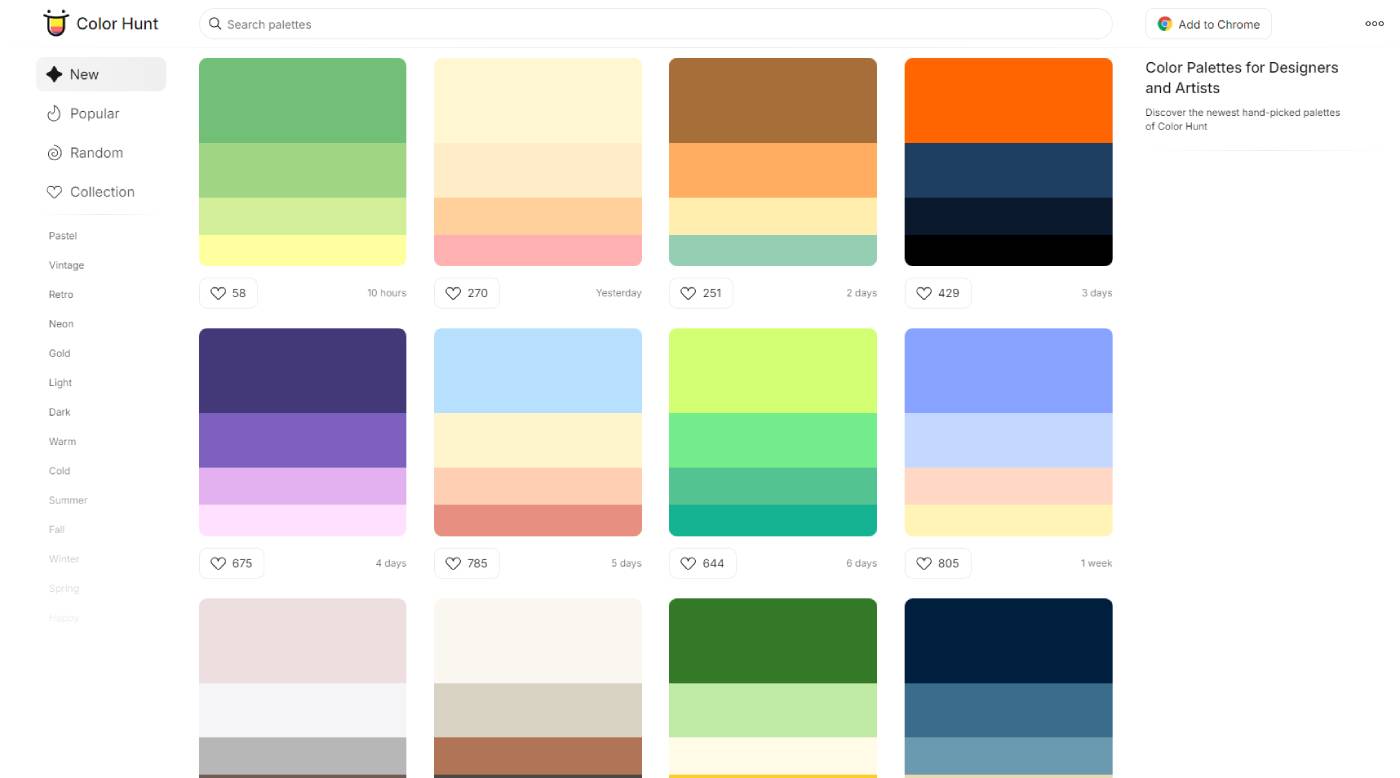 A webpage displaying various color palettes, each with horizontal color bands and an indication of the number of likes. The palettes are organized in a grid format.