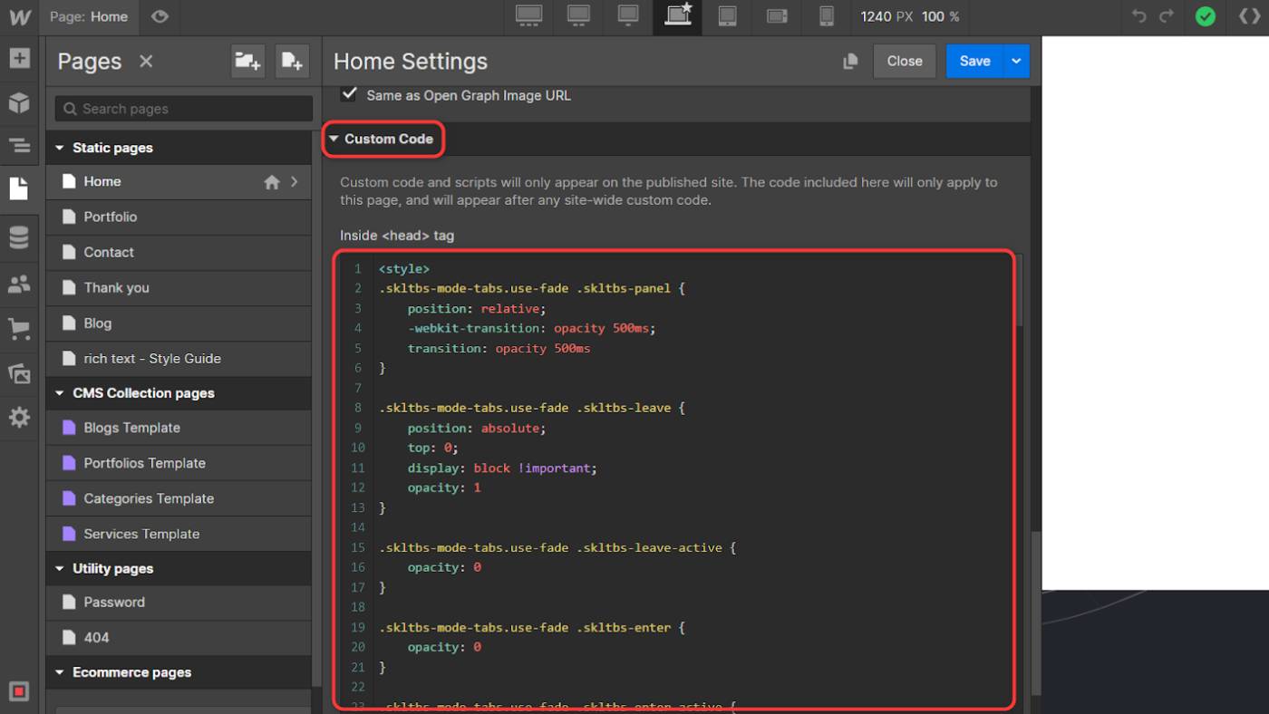 Screenshot of a web design interface showing HTML/CSS code for custom styling inside a web editor. The "Home Settings" and "Custom Code" sections are open, displaying properties and values in the code.