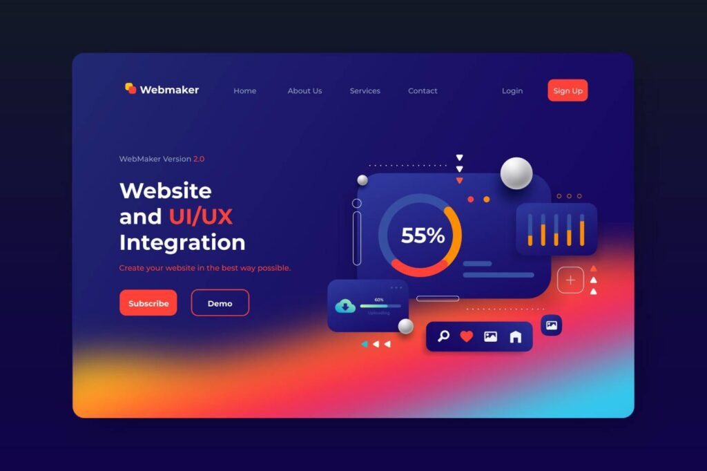 Colorful website design template for WebMaker showcasing UI/UX integration, featuring progress visuals, buttons for Subscribe and Demo, and navigation links at the top.