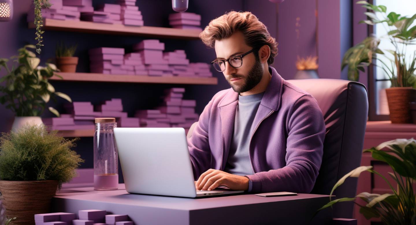 A person with glasses is focused on a laptop in a purple-themed workspace, surrounded by shelves of books and several potted plants.