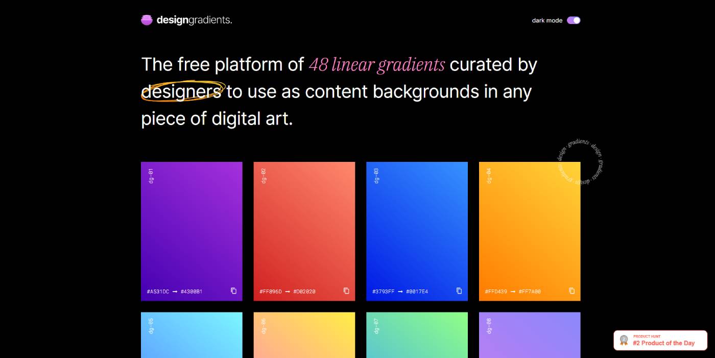 A website showcasing 48 linear gradients intended for use in digital art backgrounds. The page is in dark mode with several colorful gradient examples displayed in boxes.