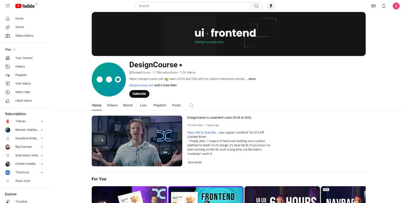 Screenshot of the DesignCourse YouTube channel homepage showing the channel banner, logo, subscriber count, and recent videos. The channel focuses on UI and frontend development tutorials.