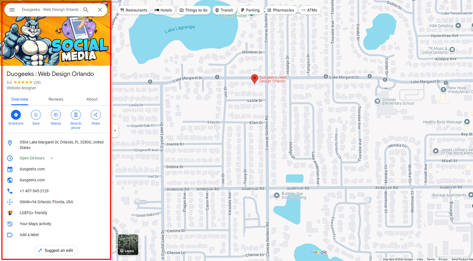 A map showing the location of Duogeeks: Web Design Orlando at 5054 Lake Margaret Dr, Orlando, FL, including business details in a side panel and surrounding neighborhood streets.