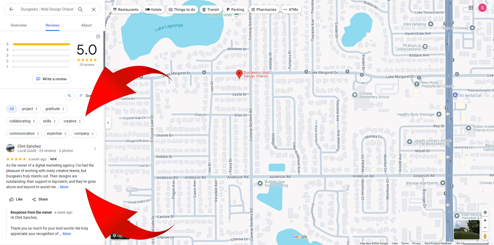 A Google Maps screenshot showing a map of a neighborhood and a business listing for "Douglasfield Web Design Orland." The business has a 5-star rating from a review by Clint Sanchez. Red arrows highlight the business location and review.