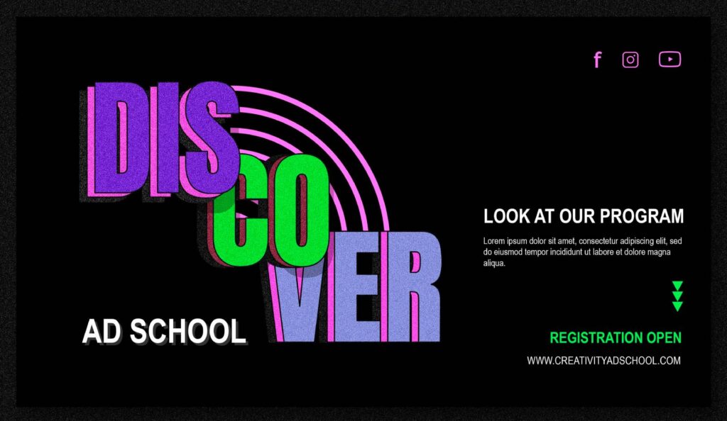 Colorful 3D text saying "DISCOVER" with "AD SCHOOL" below. Included are social media icons, a program promotion message, and a website URL.