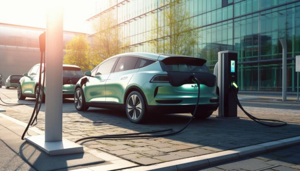 Two electric cars are charging at a public charging station in an urban environment with modern glass buildings in the background.