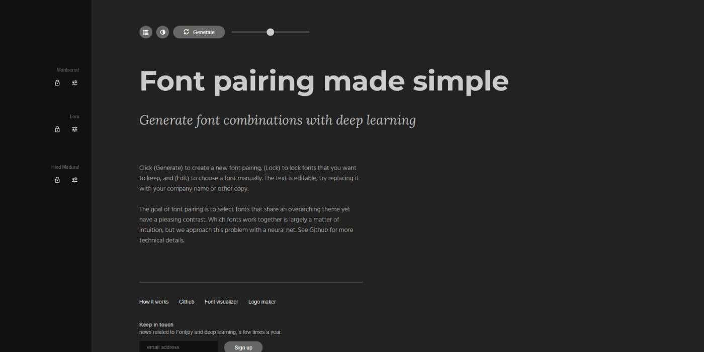 A webpage titled "Font pairing made simple" with a description on generating font combinations using deep learning. Several navigation options are present on the left side of the dark-themed interface.