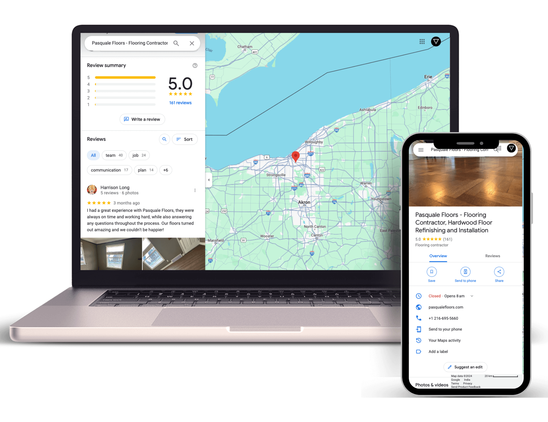 A laptop and smartphone showing a user interface for a review and rating system focused on home services, with a map and customer feedback displayed.