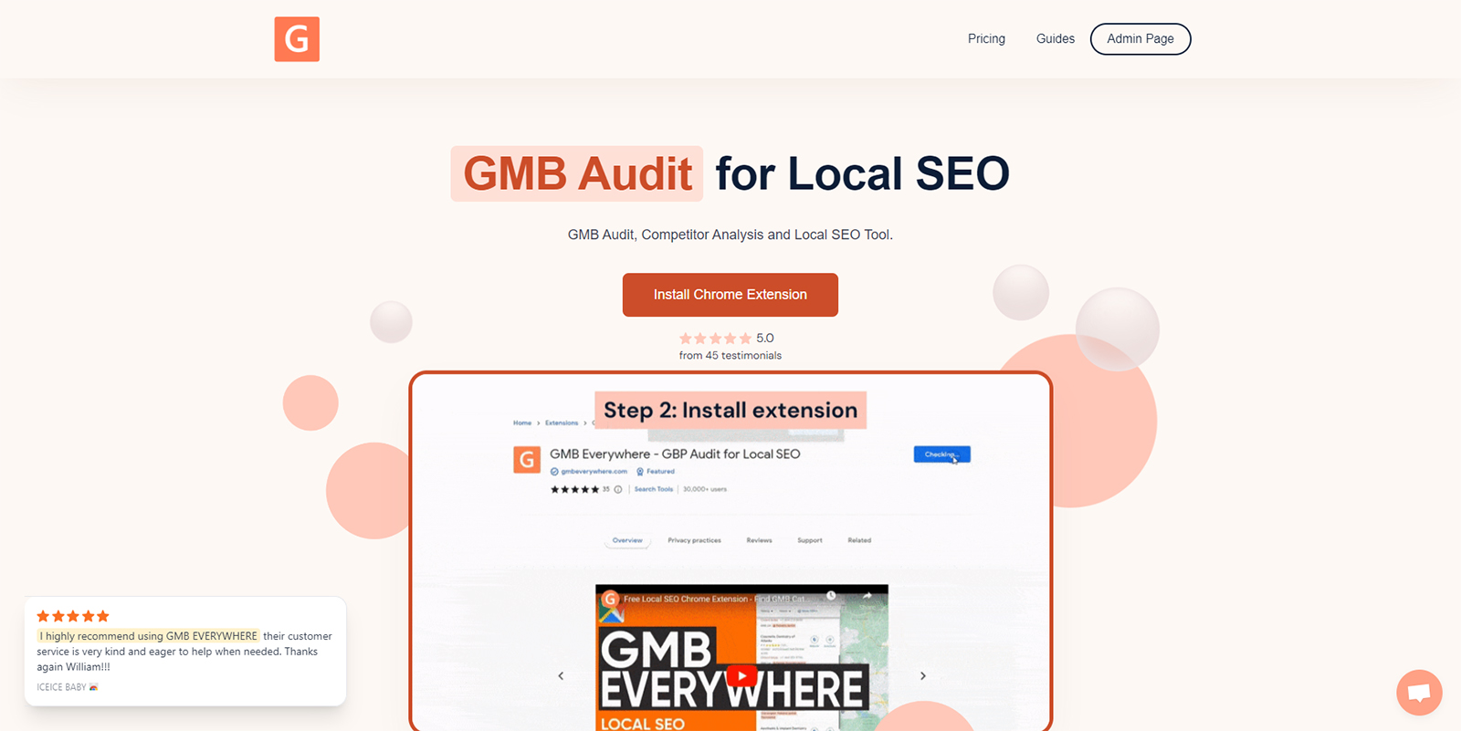 Screenshot of a webpage advertising a chrome extension called "GMB Audit for Local SEO" with a button to install the extension and a review section featuring customer feedback.