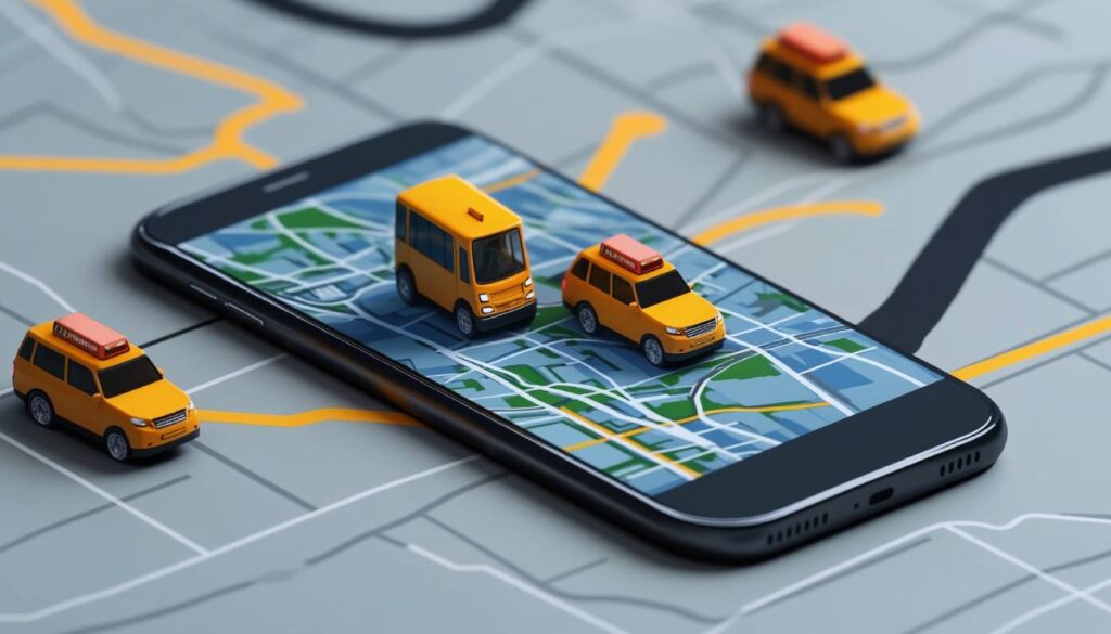 A smartphone displaying a map with routes, featuring miniature yellow taxi models placed on top, representing a ride-sharing app concept.