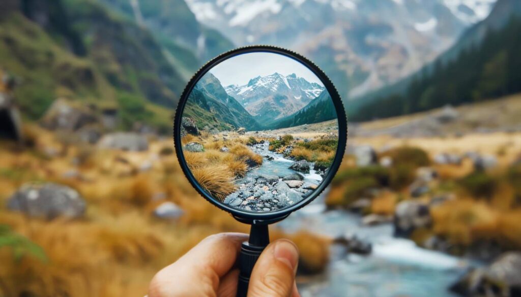 A hand holds a magnifying glass focusing on a clear stream with rocky banks and snow-capped mountains in the background.