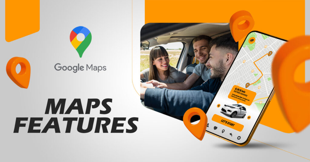 Promotional image for Google Maps features, showing three people in a car and a smartphone displaying a map interface with highlighted directions.