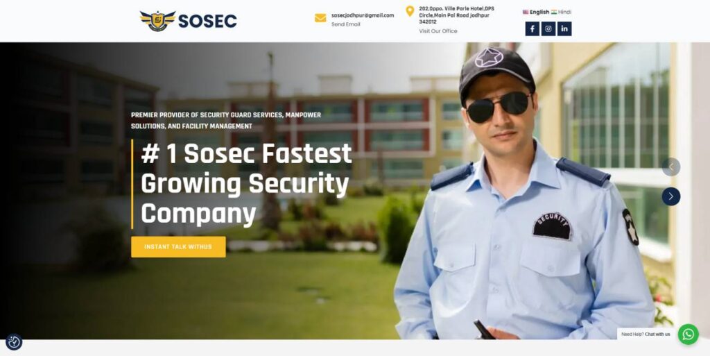 A security officer in uniform and sunglasses stands in front of a building. The company logo "SOSEC" is at the top, with text promoting it as the fastest-growing security company.