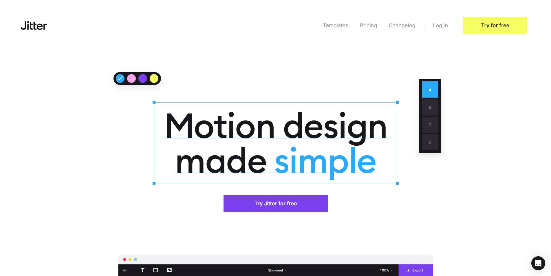 Screenshot of Jitter's website homepage displaying tools for motion design with the text "Motion design made simple" and a "Try Jitter for free" button in the center.