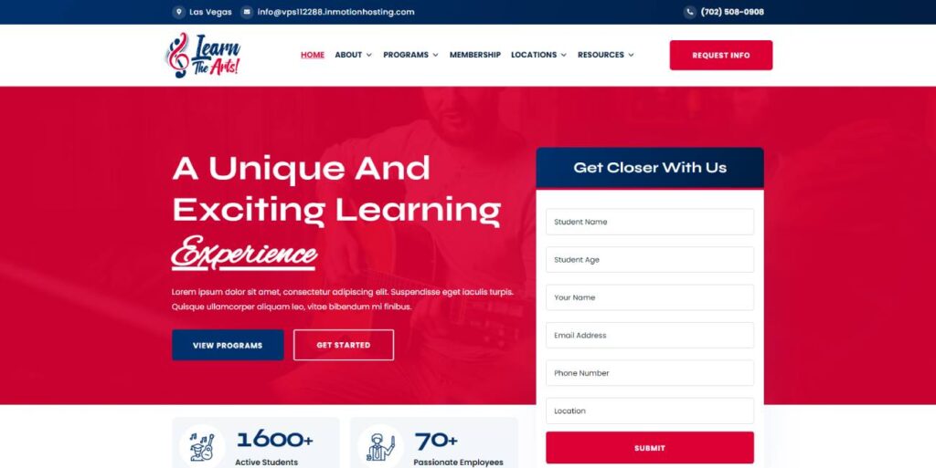 Webpage for a learning program featuring a red and blue color scheme, a sign-up form on the right, and details about programs and services. Text highlights a unique learning experience with call-to-action buttons.