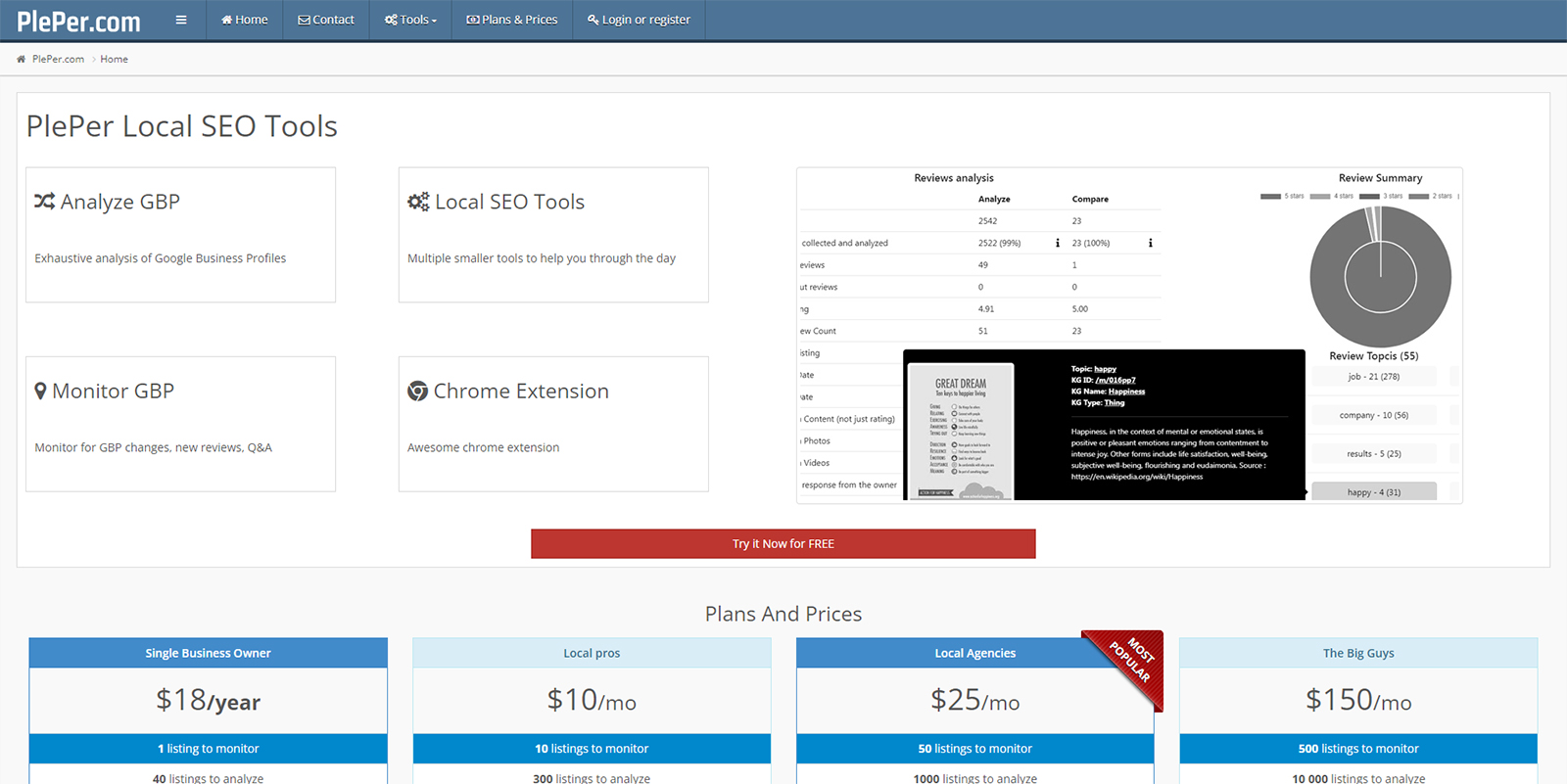 Screenshot of the PlePer website showing local SEO tools, including options to analyze GBP and a Chrome extension. Pricing plans for different user types are displayed at the bottom.