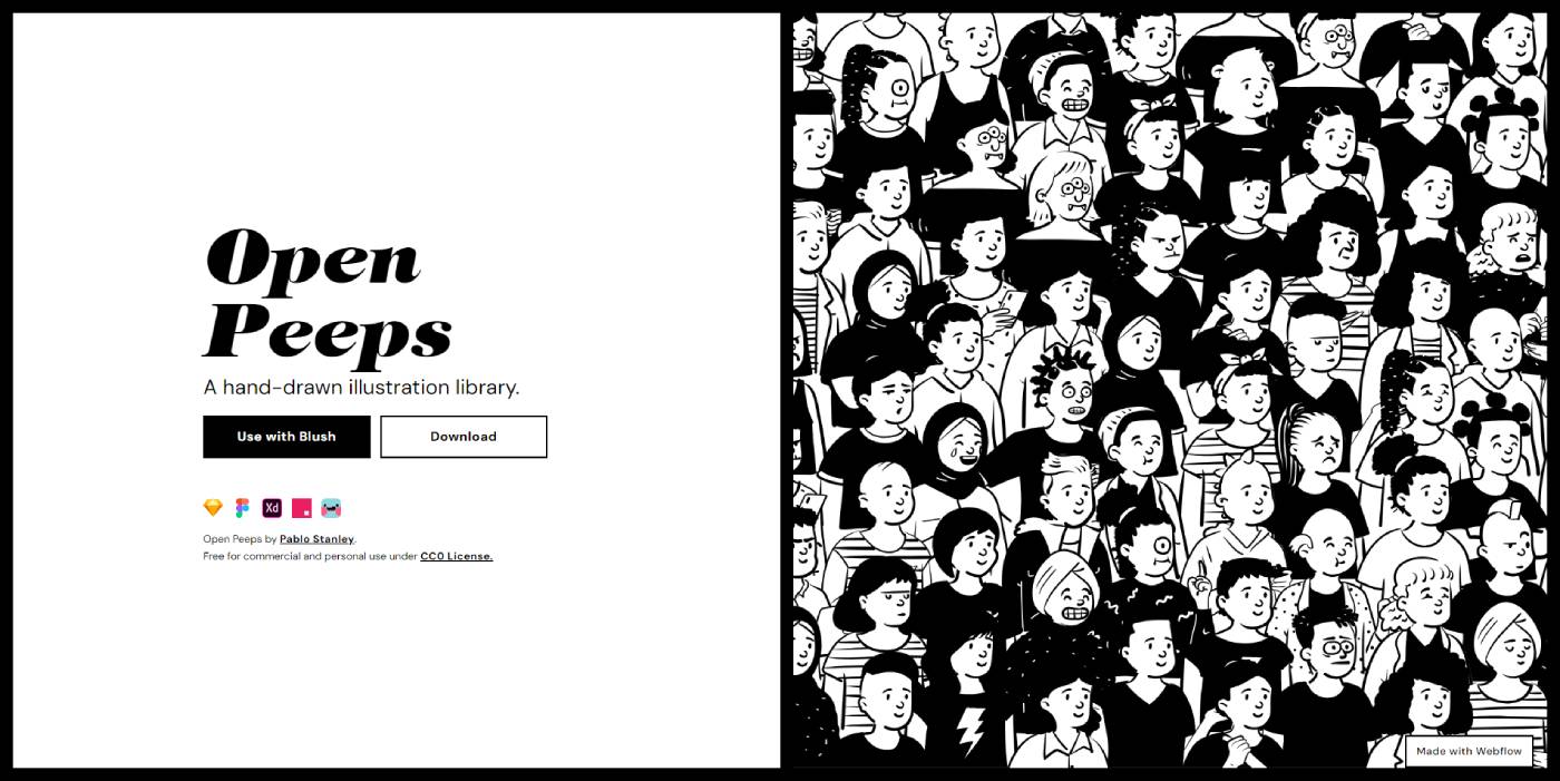 A webpage labeled "Open Peeps: A hand-drawn illustration library" alongside a black-and-white illustration of various people. Options to use with Blush or download are provided.