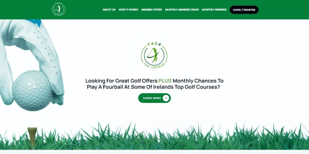 Website homepage for Para Golf Courses offering subscriptions for golf deals and monthly draws to play at top golf courses in Ireland. Features a golfer's hand placing a golf ball on a tee in the grass.