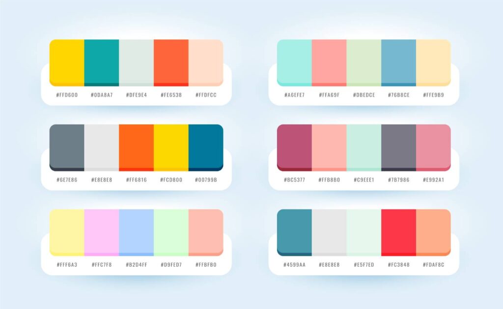 A collection of six pastel color palettes with five colors each, displayed in labeled rectangles against a light blue background.