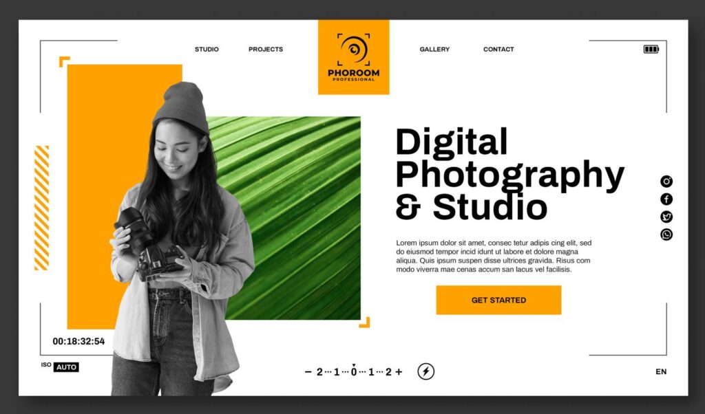 A webpage for "Digital Photography & Studio" features a woman with a camera, a green leaf background, and a menu with options: studio, projects, gallery, and contact.