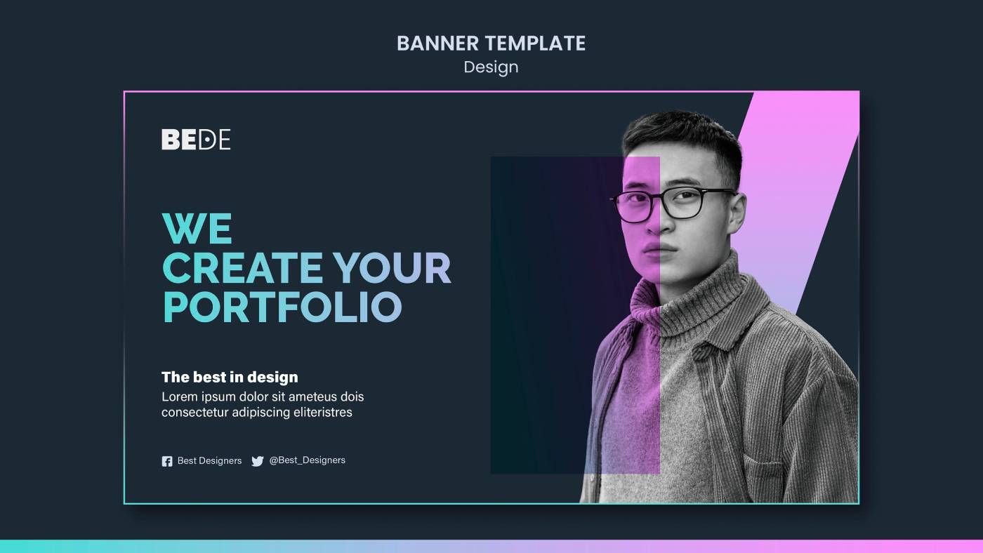 A banner template with the text "We Create Your Portfolio" and contact information. It includes a photo of a person in a sweater and glasses on a design background.