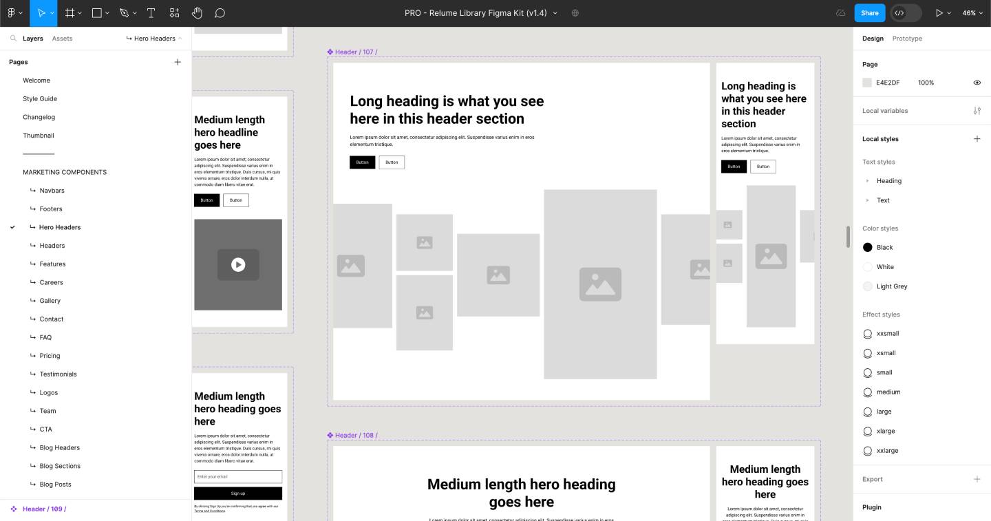 A design interface showing various layout templates with placeholders for images and text, including headers and body sections. Each template displays different text and image positioning.