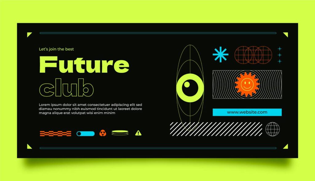 Abstract futuristic club banner with geometric shapes, a green eye design, a sun icon, and placeholder text on a black background with a bright yellow border.