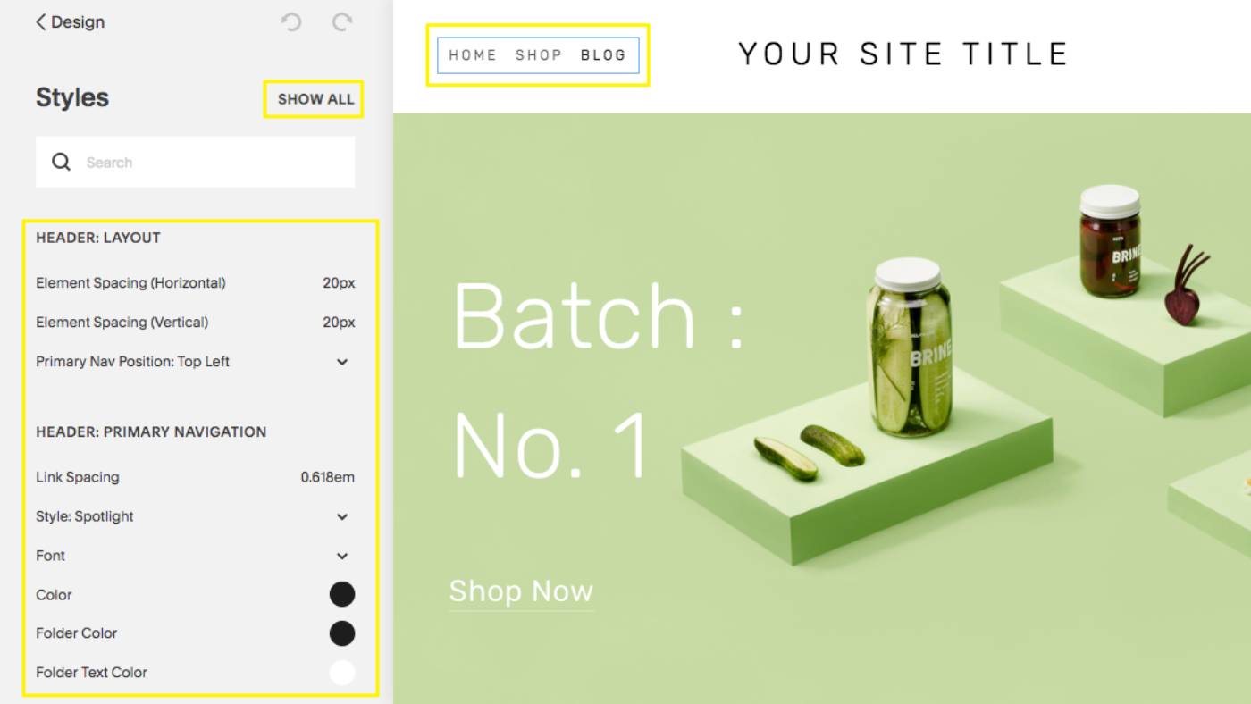 A website layout design featuring the title "Batch: No.1", navigation options (Home, Shop, Blog) at the top, and placeholders for text and images of pickles on a green background.