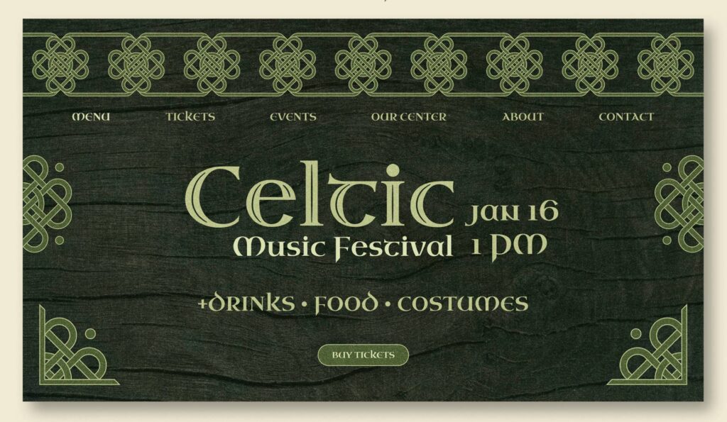 Celtic Music Festival poster on a dark wooden background with decorative knots, listing date (Jan 16, 1 PM) and details about drinks, food, and costumes. Options include menu, tickets, and events.