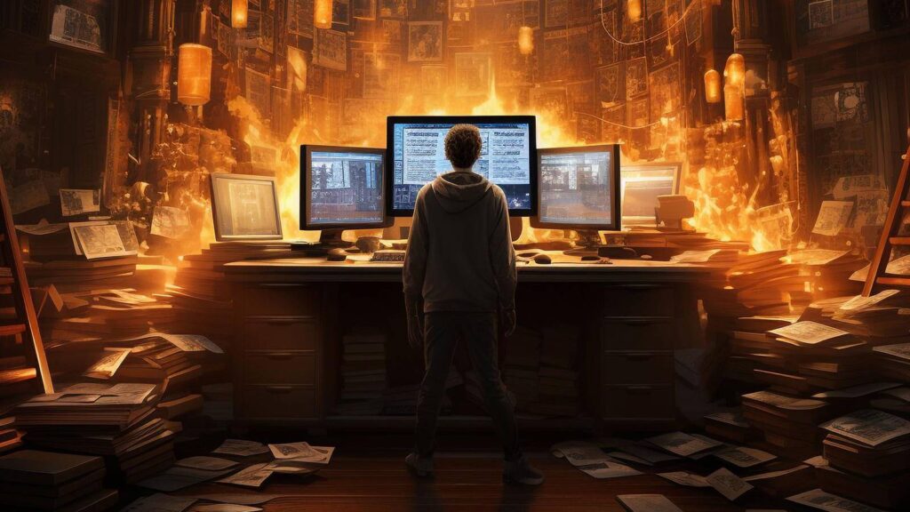 Person stands facing a desk with multiple computer screens in a dimly lit room filled with scattered books and papers, suggesting an intense research or work environment.