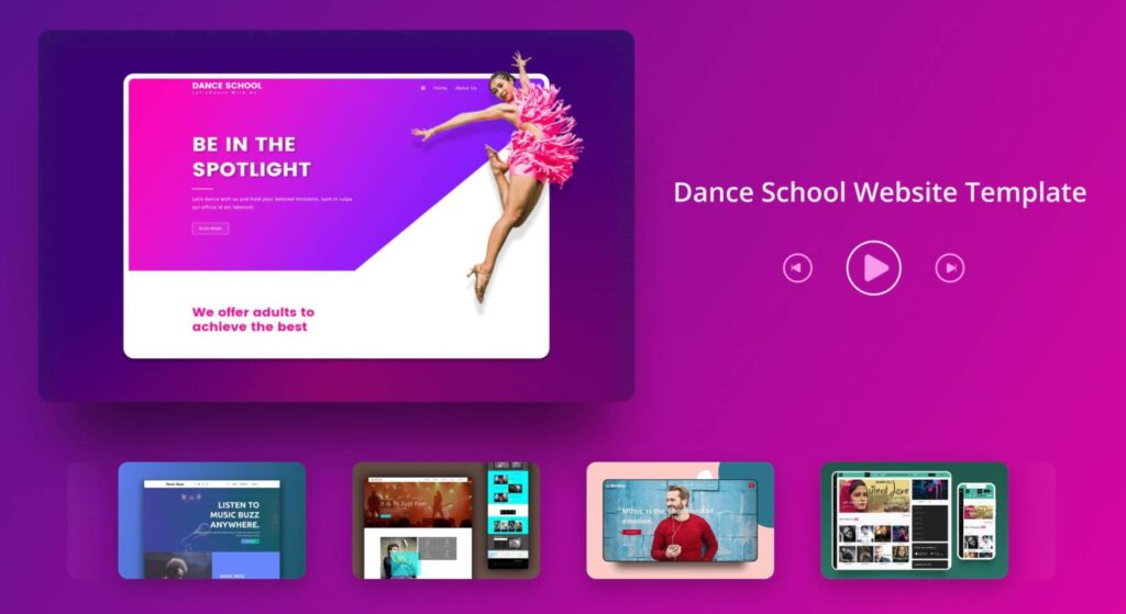 A dance school website template is displayed on a purple background with additional smaller website templates shown below.