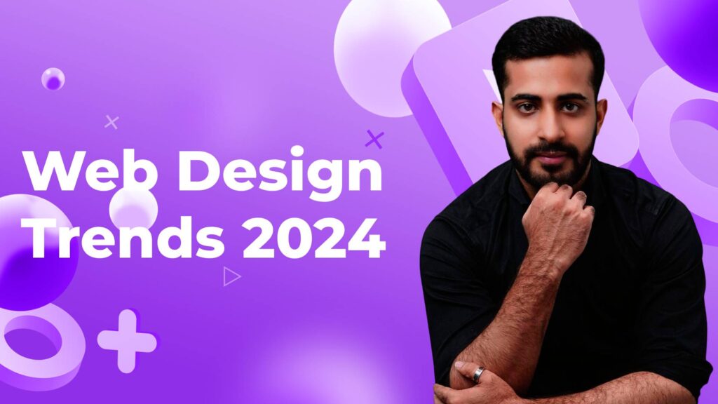 A man in a black shirt poses with his hand on his chin against a purple background with geometric shapes. Text reads "Web Design Trends 2024.