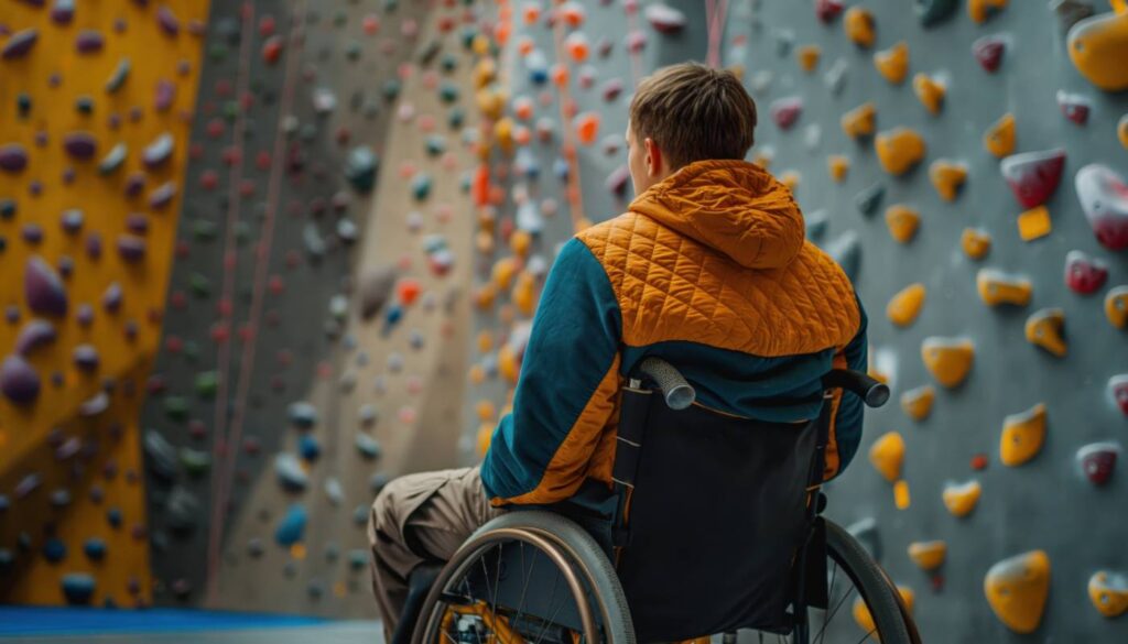 A person in a wheelchair with an orange and blue jacket faces an indoor climbing wall studded with colorful holds.