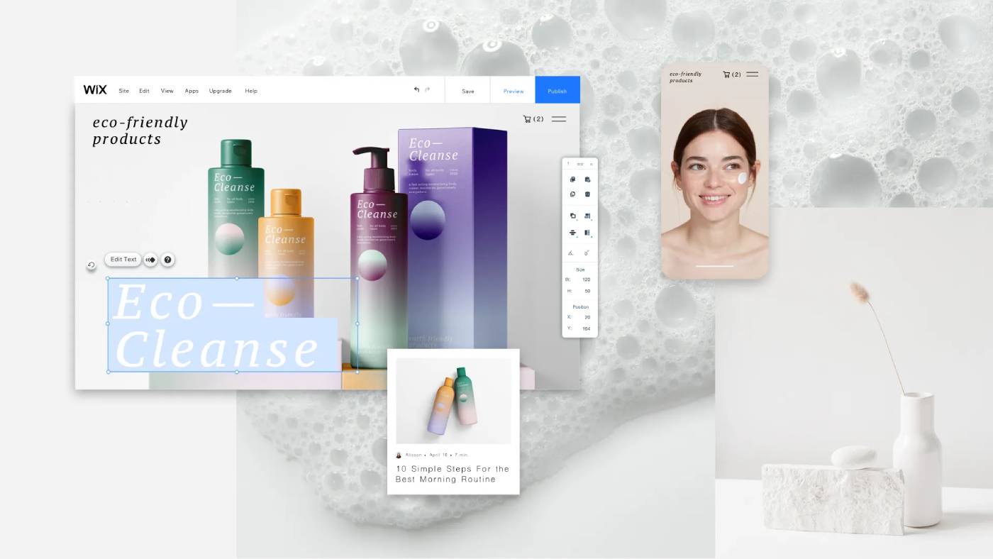 Website design interface featuring eco-friendly product advertisement with editing tools on the left and a woman's portrait on the right. Background includes soap bubbles and minimalist decor.