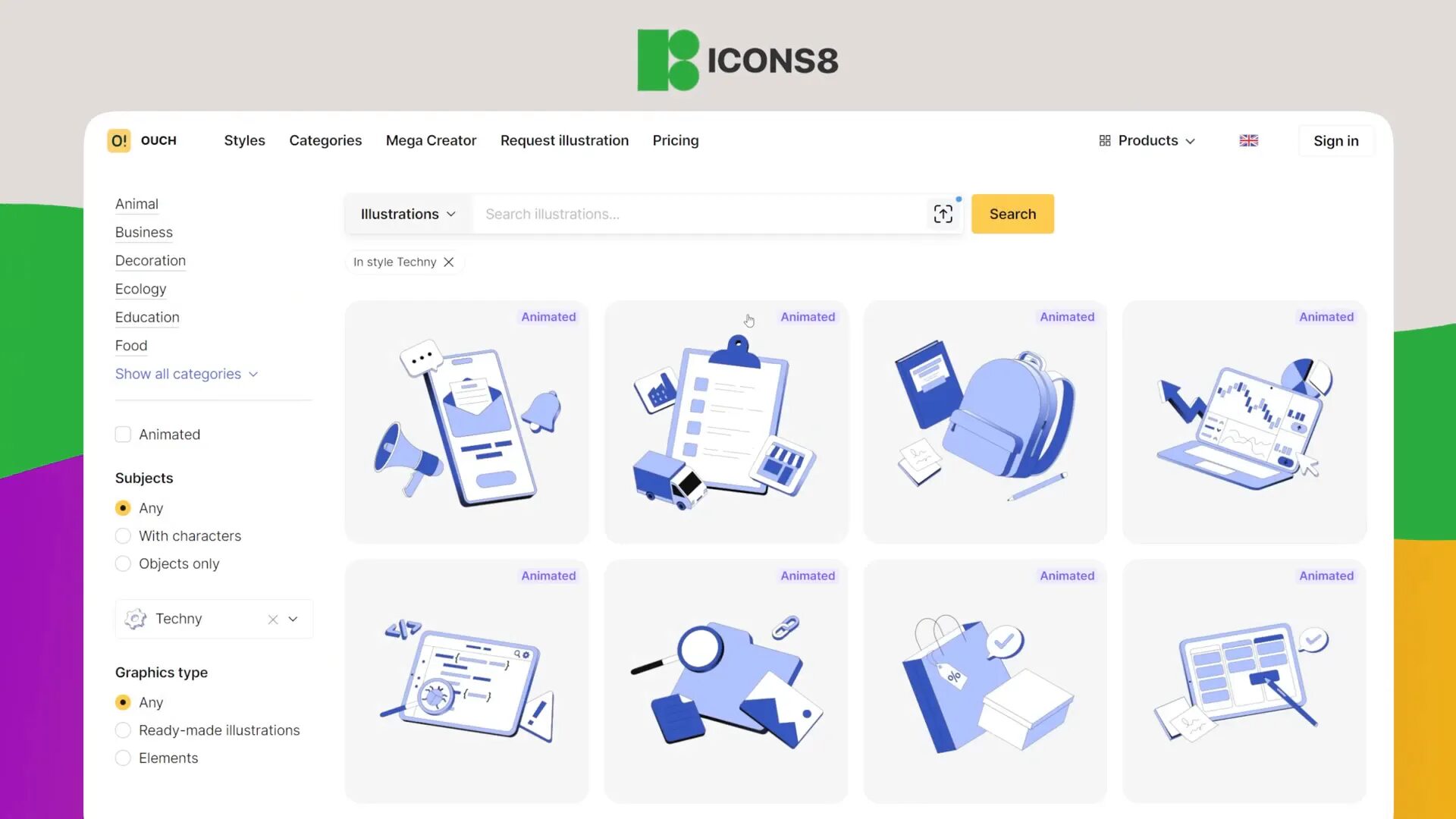 Icons8 webpage showcasing various animated illustrations, including a smartphone, clipboard, lock, backpack, desk with computer, magnifying glass, shopping bag, and book. Search bar and filters are visible.